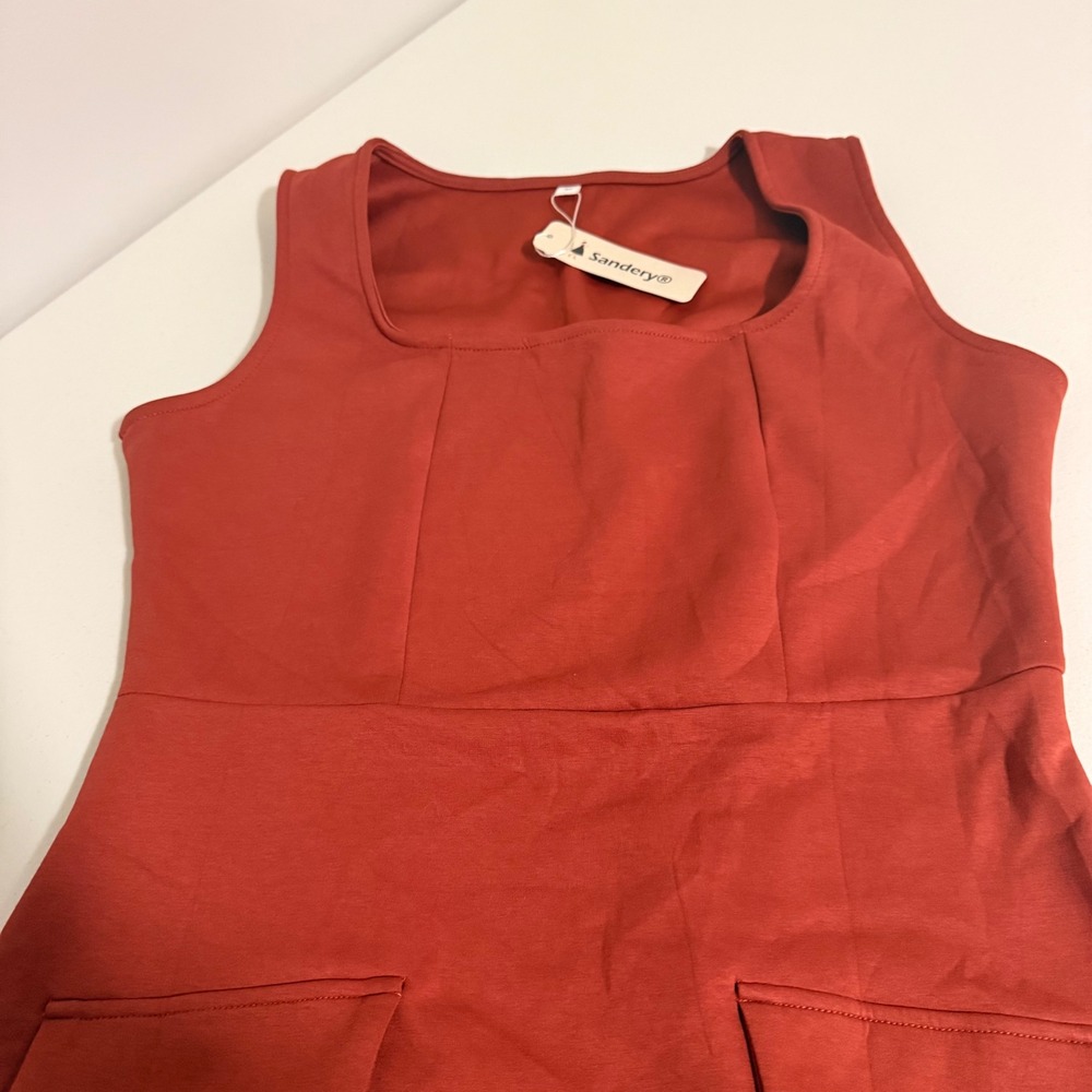 Sandery Rust Orange Sleeveless Square Neck A-Line Mini Dress with Pockets Size M